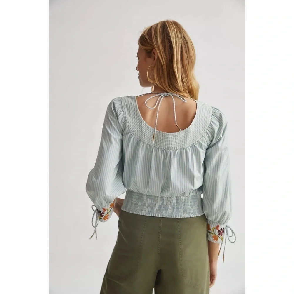NWT by Anthropologie Pinstriped Beaded Embroidered Floral Puff-Sleeved Blouse XS